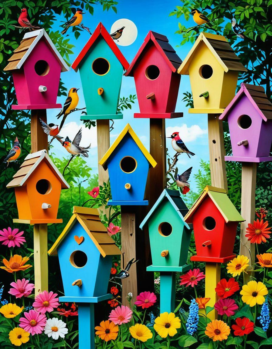 A whimsical garden scene showcasing various beautifully crafted birdhouses in different styles and sizes, surrounded by lush greenery and colorful flowers. Include birds of various species happily inhabiting the birdhouses and flying around, some perched on branches. The sky should be bright and cheerful, reflecting a sunny day. Vivid details of nature should enhance the feeling of a perfect avian environment. vibrant colors. painting.