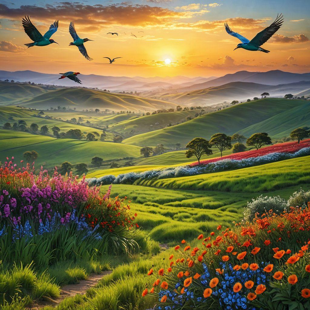 A serene landscape showcasing a wide-open sky filled with various colorful birds soaring freely. In the foreground, lush green fields and gentle hills create a natural habitat. Delicate flowers scatter the scene, symbolizing joy and freedom. Soft sunlight bathes the environment, enhancing the vibrant colors of the birds in mid-flight. super-realistic. vibrant colors. peaceful atmosphere.